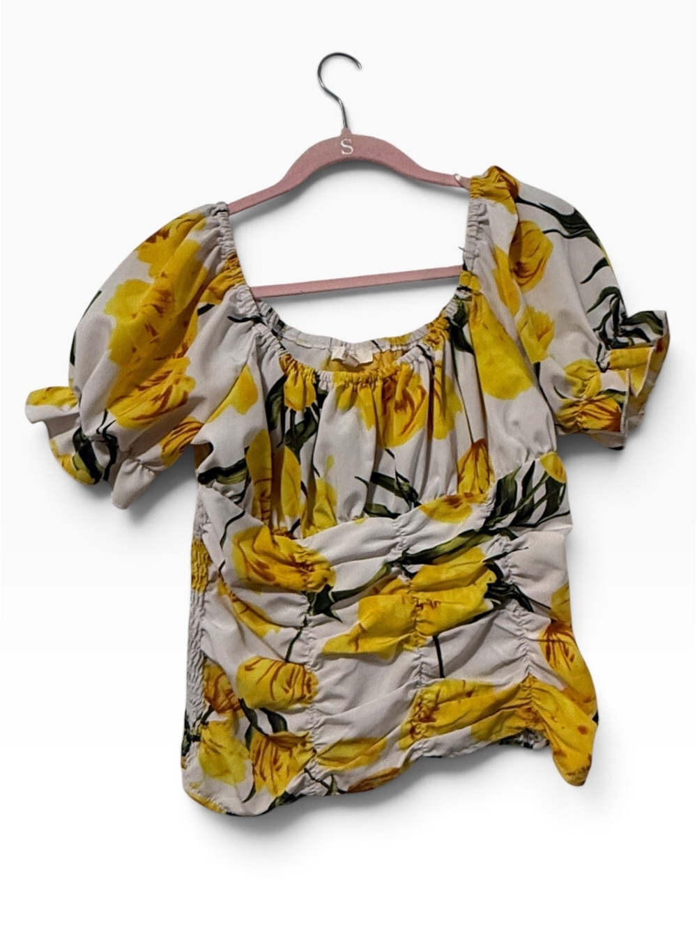 Peach Floral Puff Sleeve Blouse with Smocked Back Large